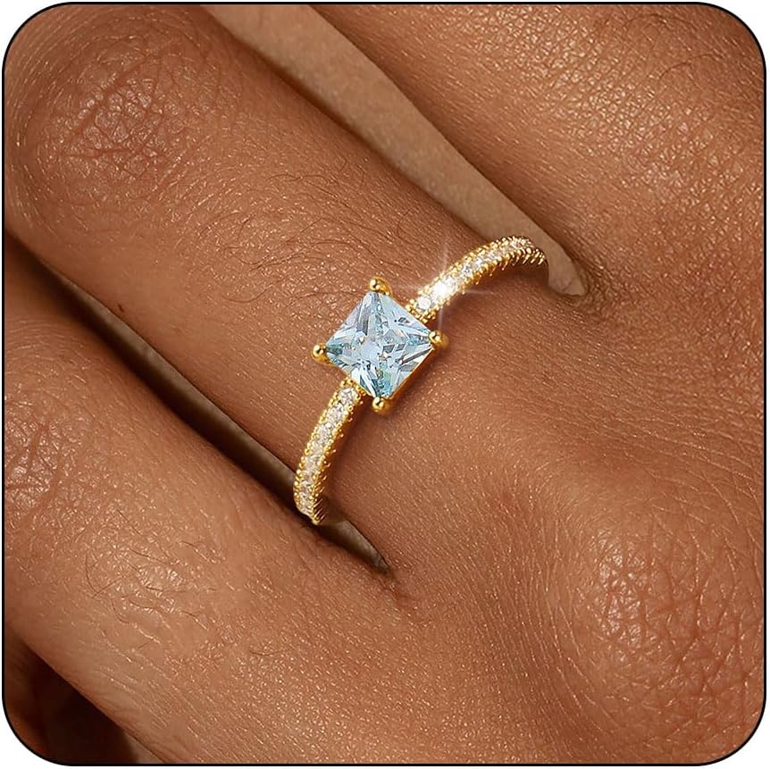 SOLEVAN Birthstone 14K Gold Plated Stackable Rings for Women - Non-Tarnish CZ Thumb Pinky Bands, Dainty Eternity Jewelry Gifts