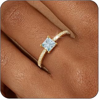 SOLEVAN Birthstone 14K Gold Plated Stackable Rings for Women - Non-Tarnish CZ Thumb Pinky Bands, Dainty Eternity Jewelry Gifts