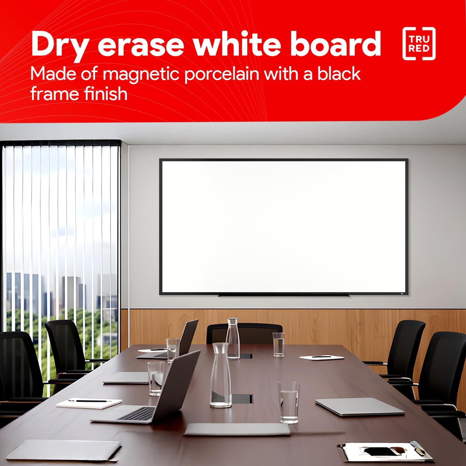 TRU RED Magnetic Porcelain Whiteboard | Dry Erase Board for Wall, White Board with Black Frame, 8 ft x 4 ft, 4 Multicolor Markers Included