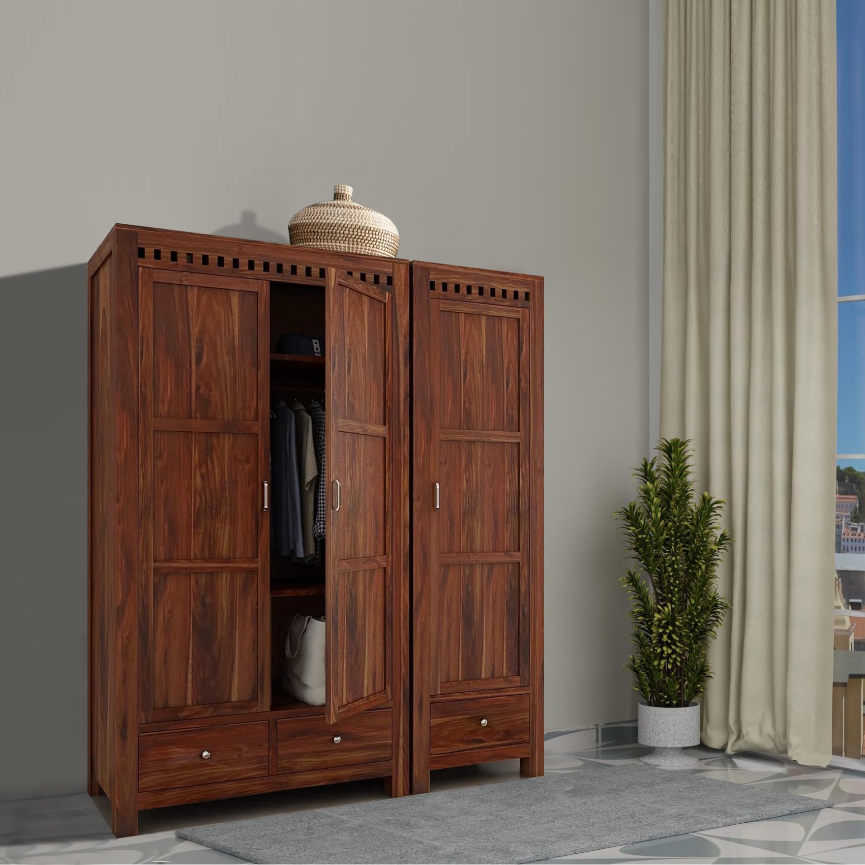 EBANSAL Sheesham Wood Wardrobe for Bedroom | Wooden 3 Door Clothes Cupboard | Solid Wood Almirah with 3 Drawers & Multiple Shelves Storage | Honey-image-9
