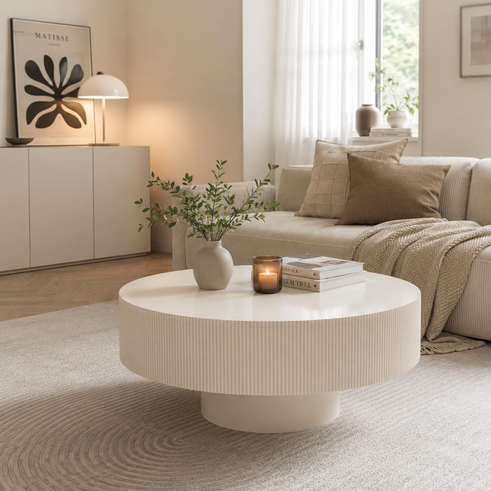 Table Basse Ronde Moderne, avec Bords plissés et Plateau Large, Tambour, Forme Champignon Stable et Basse avec Design linéaire, Design cannelé, Table pour Salon, Bureau (Blanc, 78.5cm)