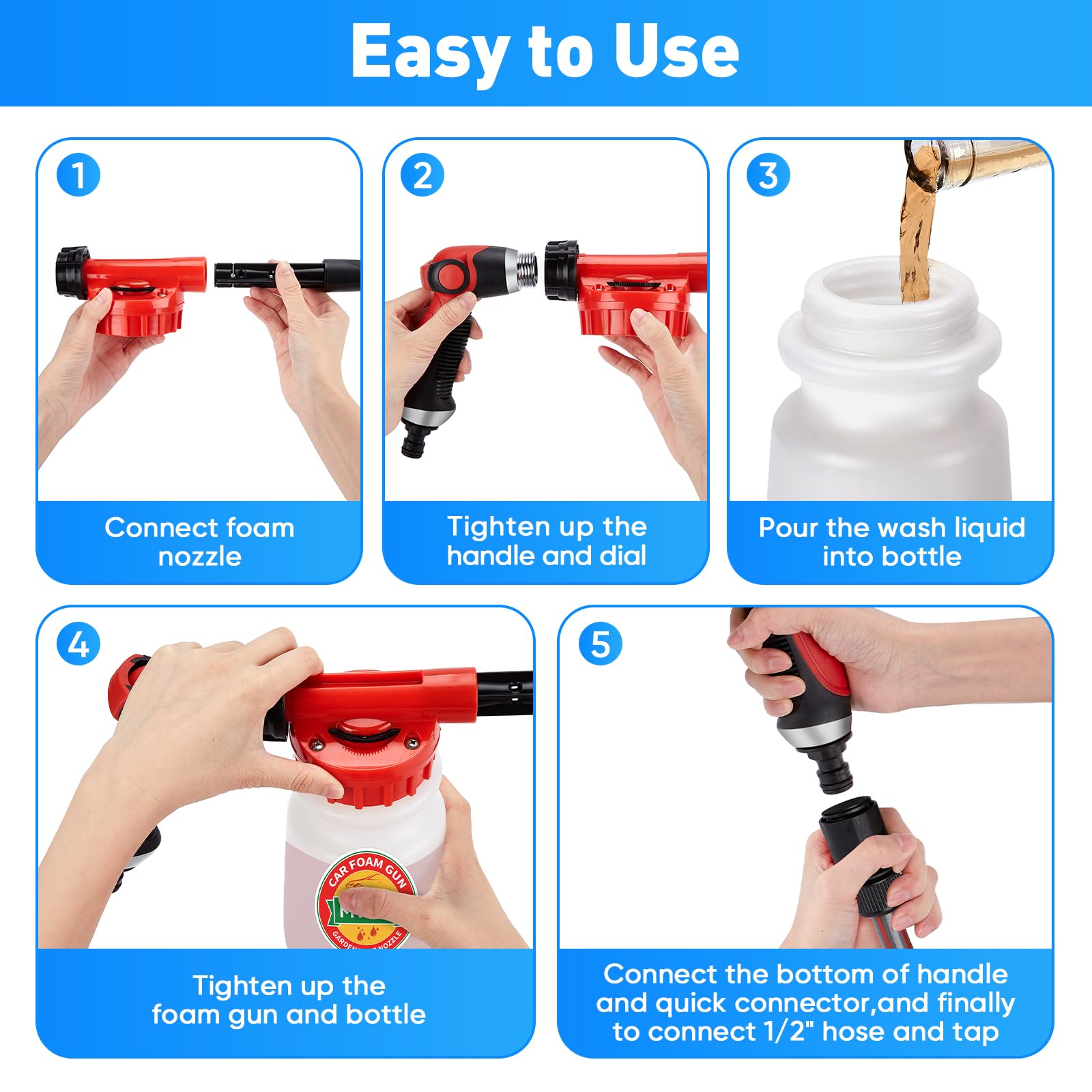 Pistolet à Mousse pour Lavage de Voiture, MYPIN Canon à Mousse Réglable, Pulvérisateur de Tuyau 2,5 à 6 Bars, Convient pour le Nettoyage de Voiture et le Jardin avec Connecteur Rapide 1/2