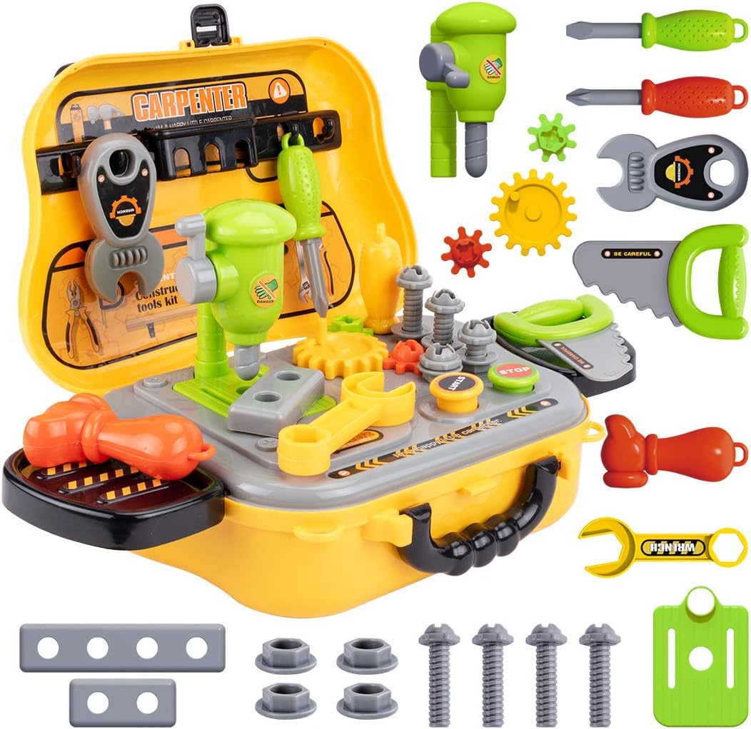 UNIH Kids Tool Sets for Boys Age 2-4 Childs Carpenter Preschool Fixing Tool Kit with Yellow Box, Toys for 2 Year Old