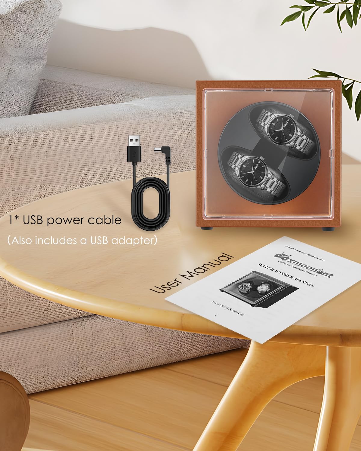 Mxmoonant Automatische Uhrenbeweger für 2 Uhren, 5 Rotationsmodi mit leisem Motor, AC-Adapter & Batteriebetrieb, LED-Beleuchtung (EU Stecker)