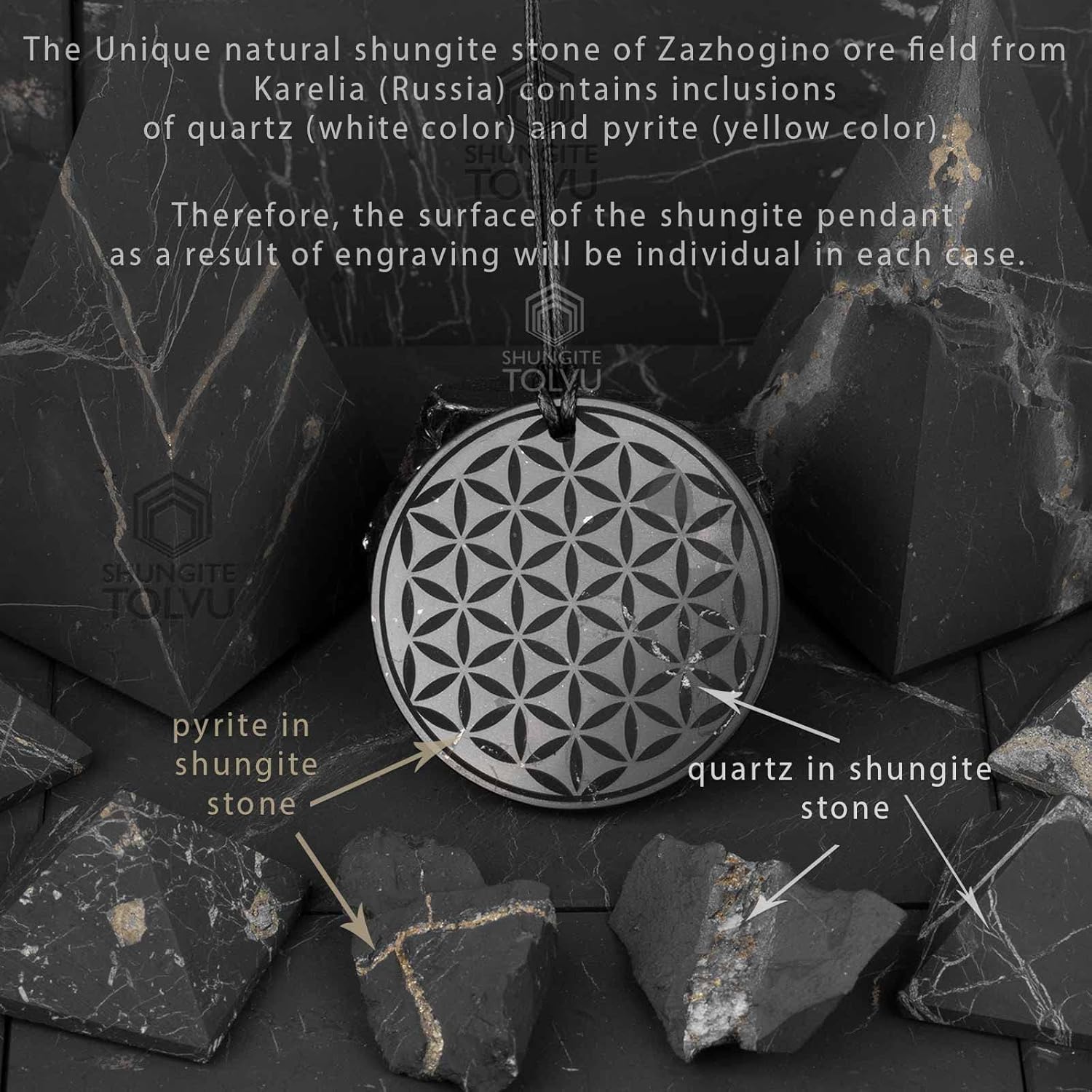 Shungite Pendants, Necklace and Amulets - Made of Authentic Russian c60 Stone - Engraved - 1.4 inches - Round Shape (Flower of Life) - Image 7