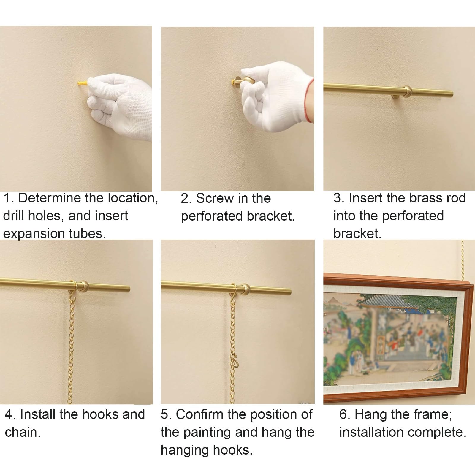 Bilderschienen Aufhängesystem aus Messing, Bilderschiene mit Haken und Kette, Wandmontiertes Kunstpräsentationssystem, Geeignet für Wohnungen und Museen(1.8m/71in)