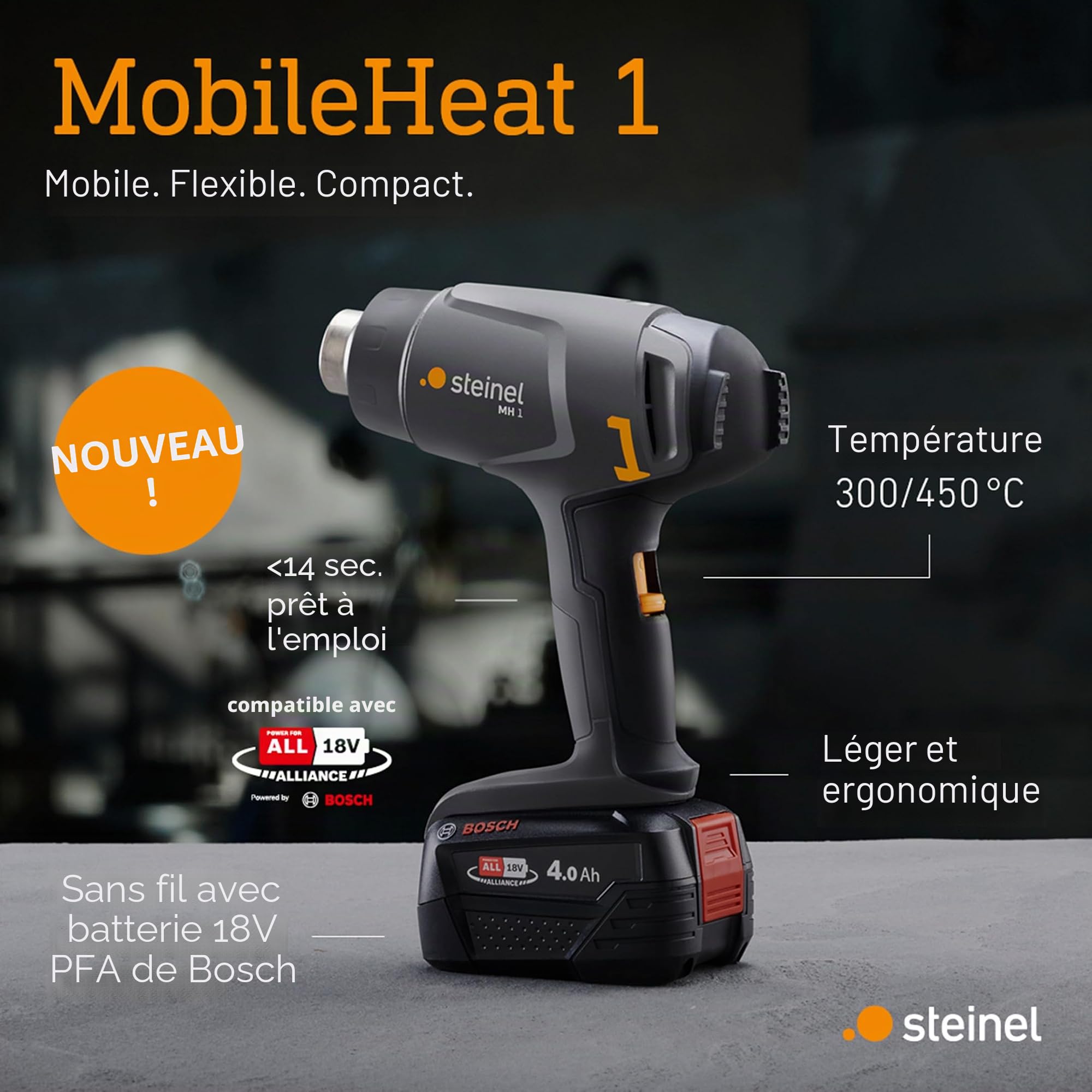 Steinel Pistolet à air chaud sans fil MH 1, système Bosch P4A 18V