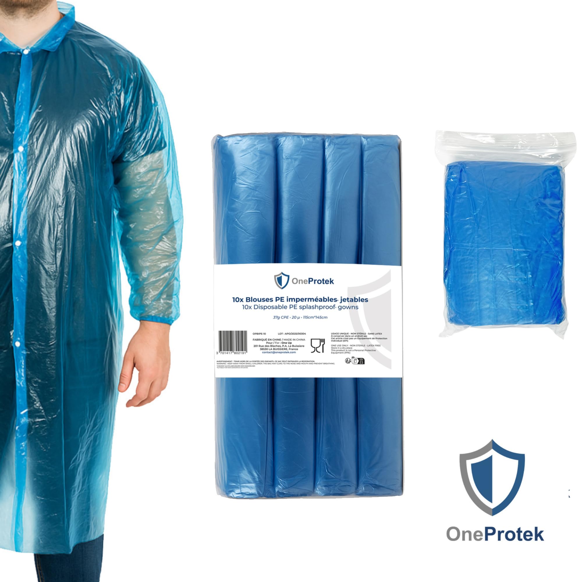 10x Surblouse jetable Imperméable OneProtek - Blouse de protection avec boutons pression, Polyéthylène recyclable, Résistante et Confortable, Conforme contact alimentaire - Taille unique, Bleu