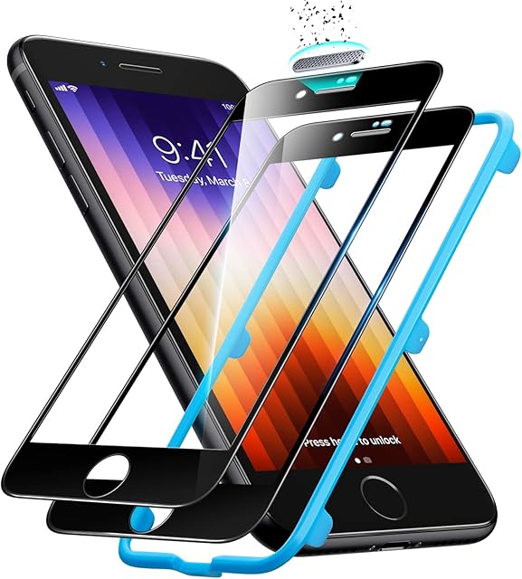 ESR Armorite Screen Protector Compatible with iPhone SE 3 (2022)/SE 2 (2020) and iPhone 8/7, Ultra-Tough Tempered-Glass Screen Protector with Speaker Shield, Full-Coverage Screen Protector, 2 Pack