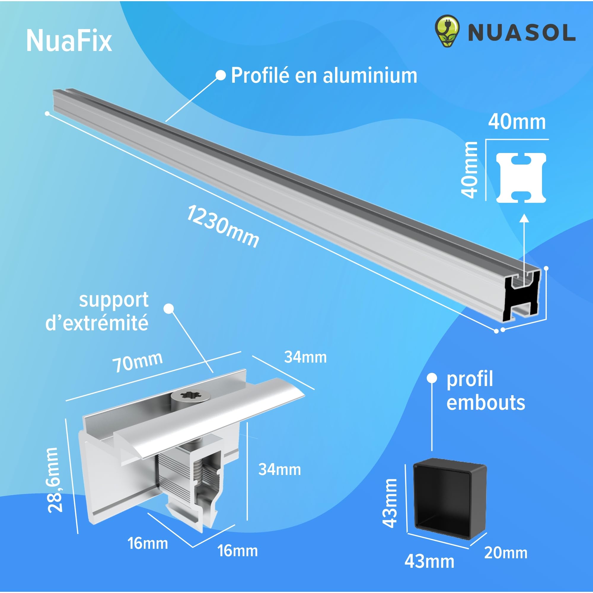 Kit de montage photovoltaïque PV pour toit de tuile, crochets de toit, avec profilé solaire en aluminium, embouts de 35 mm, jusqu'à 115 cm de largeur et 35 mm par module, NS-HE-ZDM1