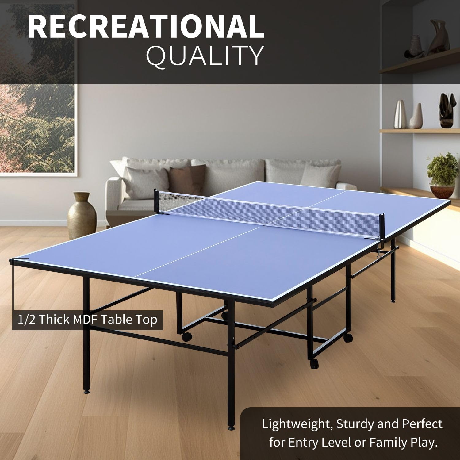 9ft Mid-Size Table Tennis Table, Foldable Portable Ping Pong Table Set with Net, 2 Paddles and 3 Balls for Indoor, Compact Design with Smooth Bounce Surface