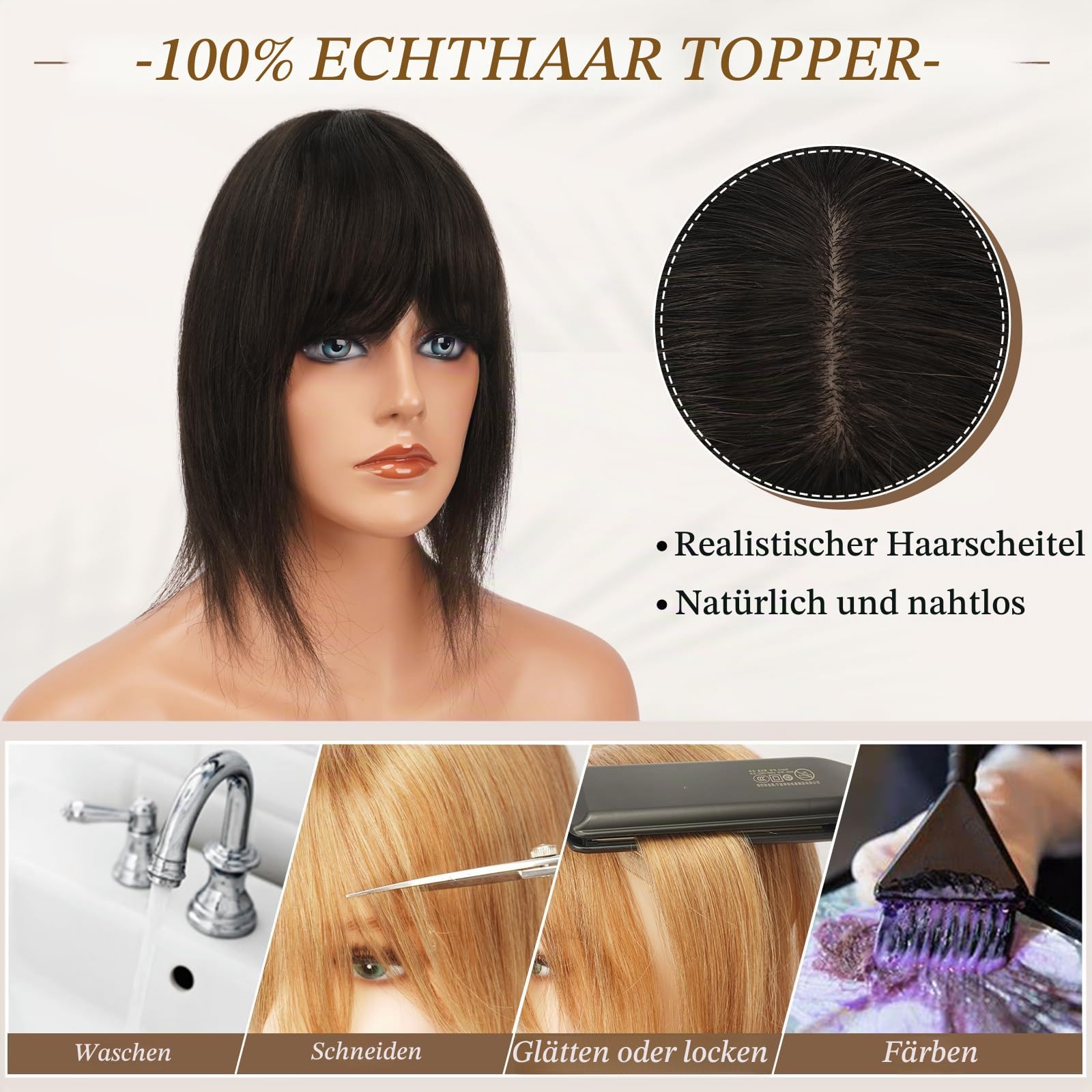 RUWISS Echthaar Hair Topper für Frauen Krone Toppers With Pony Kurze Perücken Haarteile für Dünnes Haar 7.5 * 13CM Silk Base 100% Echtes Menschliches Haar Clip in Topper 35 CM 45g (Natürlich Schwarz)