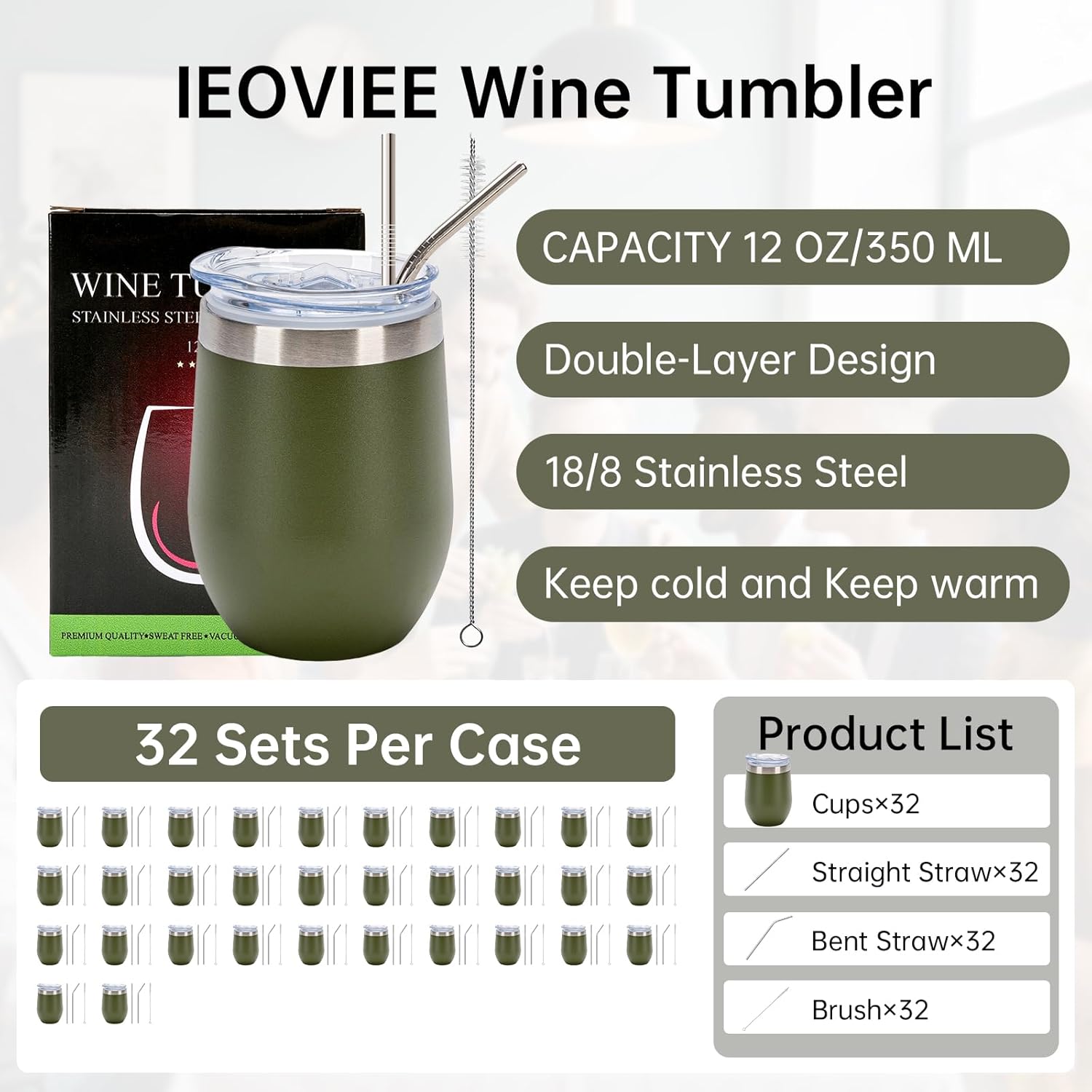 IEOVIEE 32 Pack 12oz Stainless Steel Wine Bulk Tumblers with Lids and Straws, Vacuum Insulated Double Wall Travel Coffee&Beer Mugs, Powder Coated Tumbler Bulk Cup for Cold and Hot Drinks(Army Green)