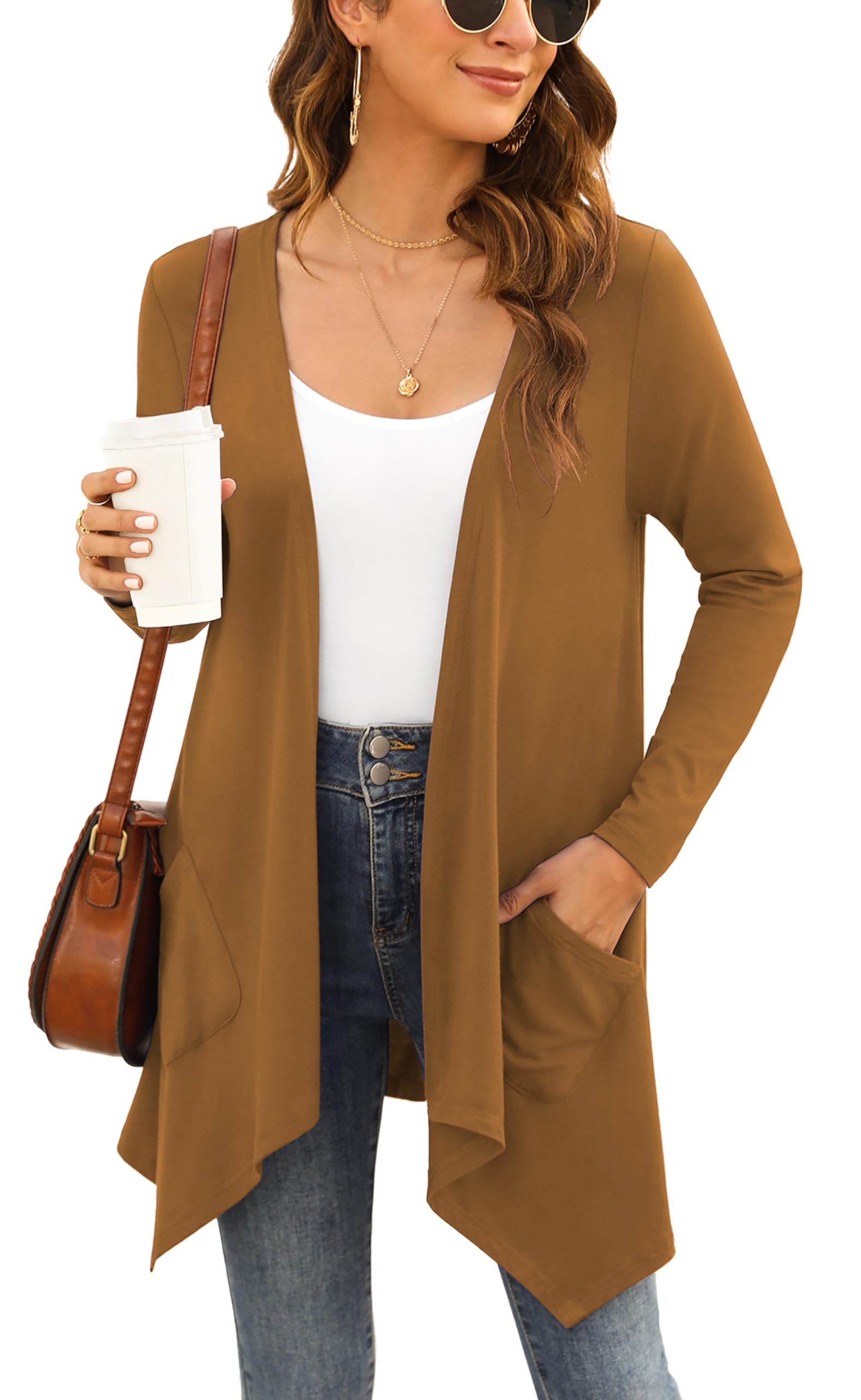 Yommay Damen Sommer Kurzarm-Lang Strickjacken für Damen Elegante lässige leichte Strickjacke mit Tasche High Low Saum