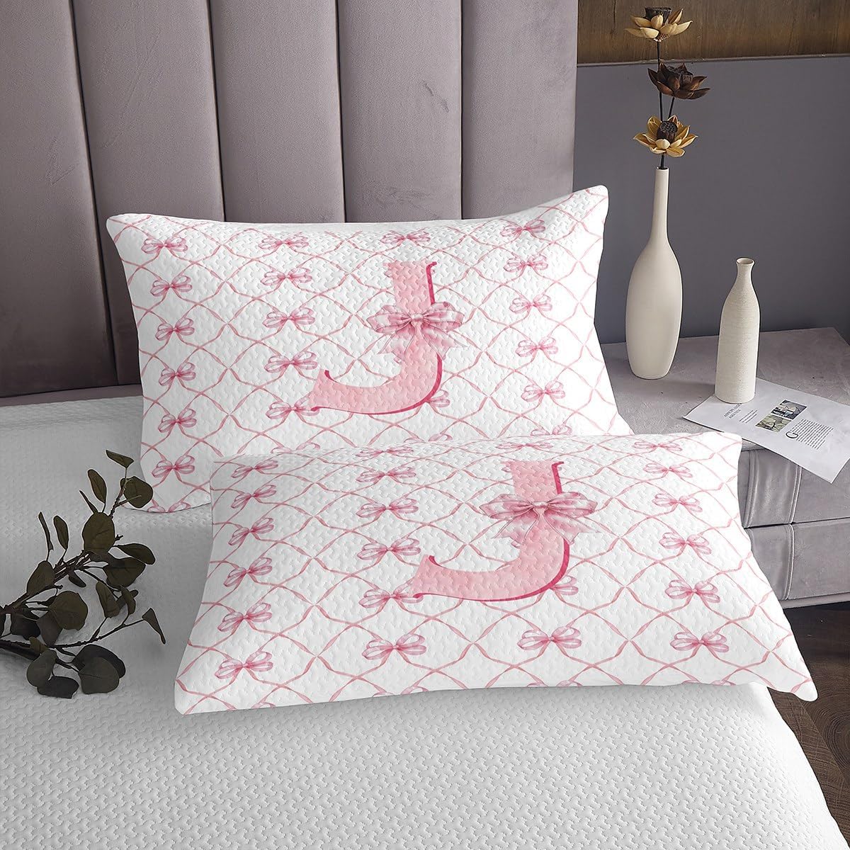 Erosebridal Pink Bowknot Coverlet Set King Alphabet Letter J Bedding Set for Kids Girls Butterfly Tie Quilted Coverlet Aesthetic Coquette Initial A-Z Room Decor Geometric Cartoon Quilted