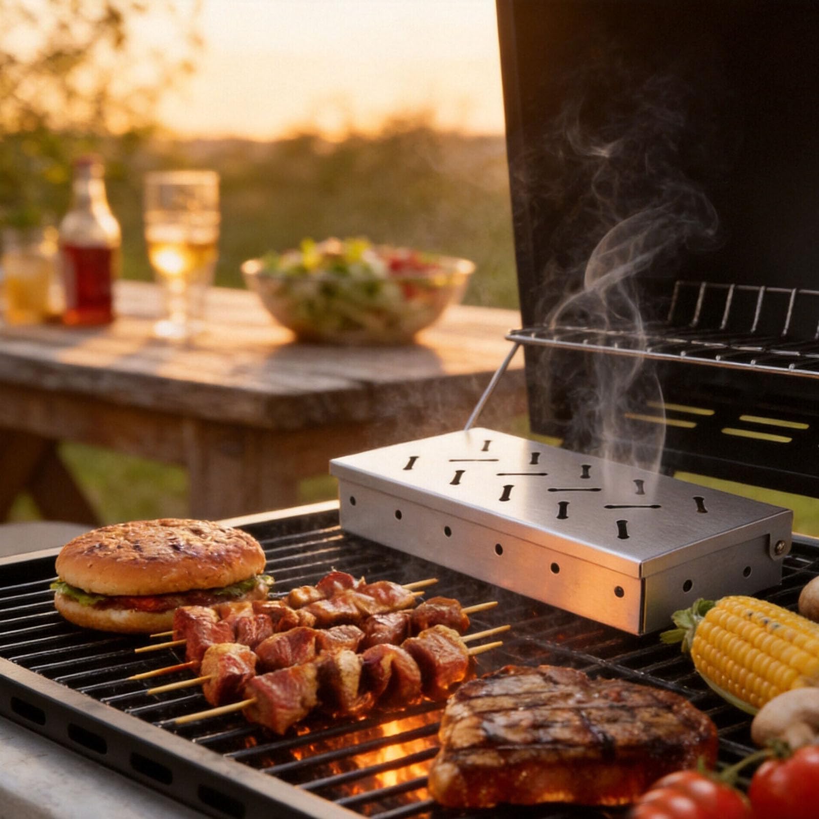 Caja ahumadora para barbacoa con astillas de madera, accesorios de acero inoxidable de alta resistencia para infusión de sabor ahumado en carnes y pescados, compatible con parrillas de gas y carbón.