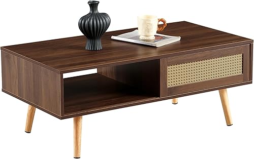 Miniatura 69 de IANIYA Mesa de centro bohemia con almacenamiento, mesa de comedor con cajón de ratán y patas de madera maciza, mesas centrales pequeñas para sala de