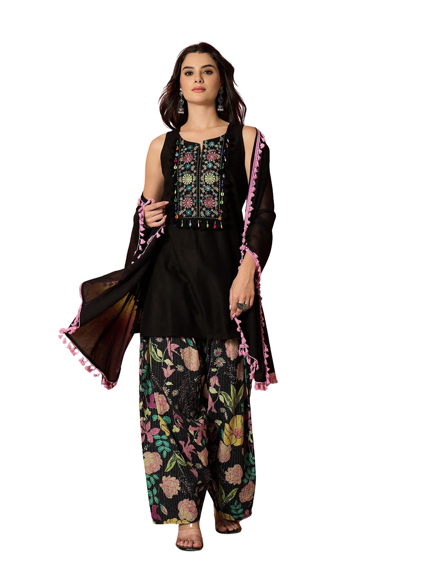 stylum Women's Black Solid & Embroidered Pure Cotton Straight Kurti Farshi Salwar with Dupatta-picture-54