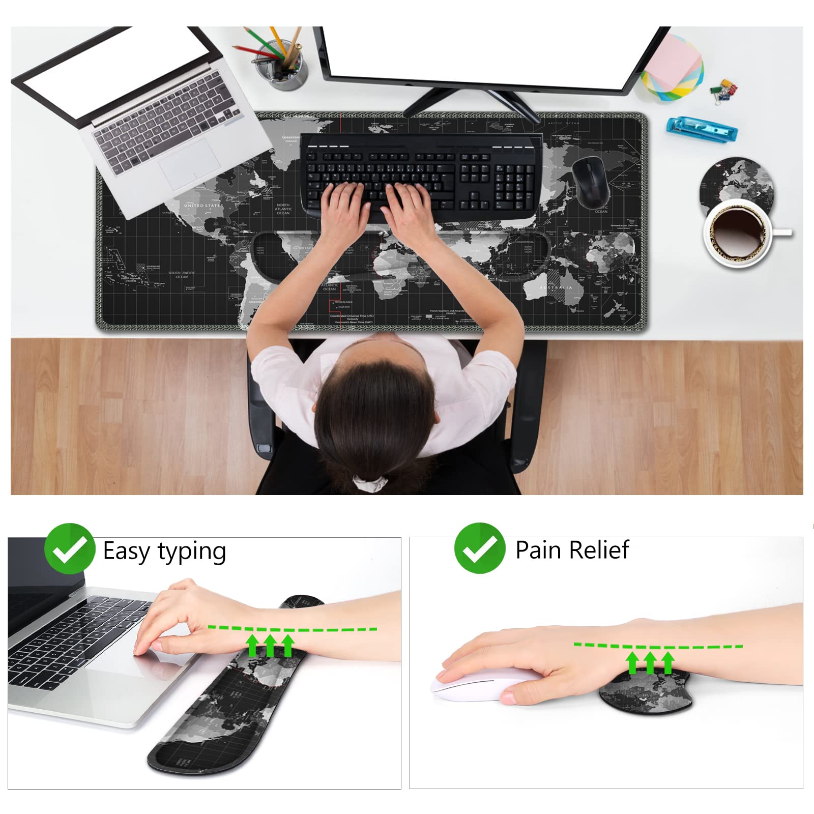 AIMSA Juego de alfombrillas de mouse grandes para juegos, reposamuñecas para teclado, alfombrilla de mouse ergonómica, espuma viscoelástica, multifuncional, extendida, base de goma antideslizante para