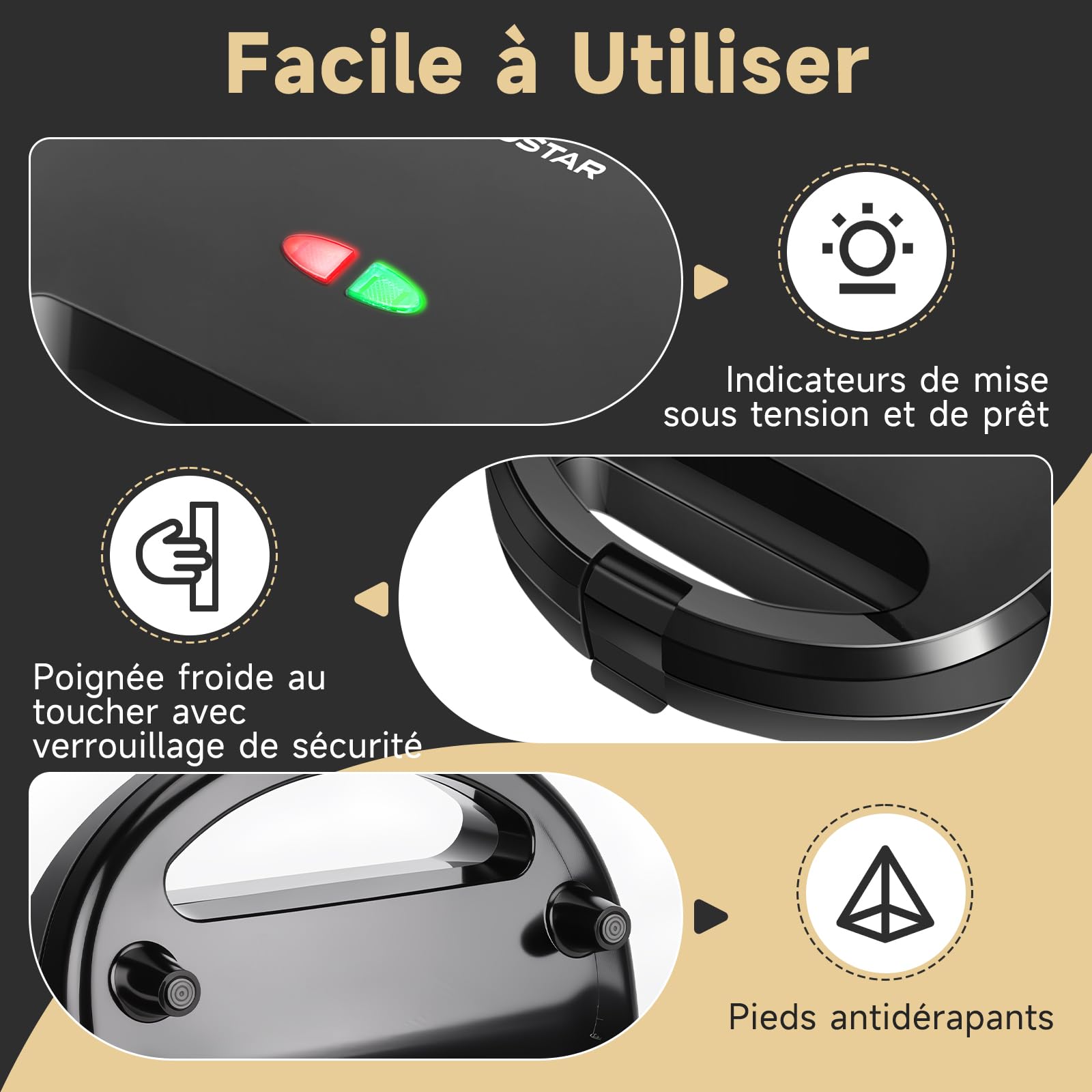 Aigostar gaufrier 3 en 1 : Presse à Paninis et appareil à sandwichs avec 3 Plaques Antiadhésives et Interchangeables, Thermostat Automatique, Grande puissance de 750W