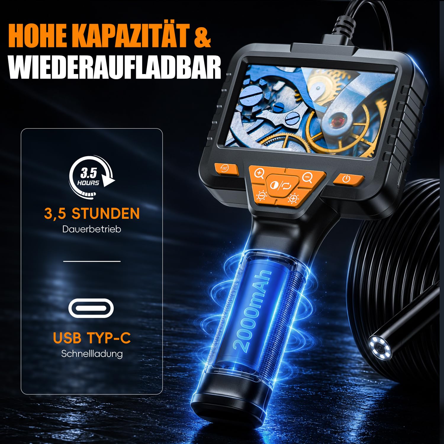 Endoskopkamera mit Licht, SKYBASIC Industrie Endoskop, 4.3-Zoll-IPS- Bildschirm Inspektionskamera,IP67 Wasserdichtes,1080P HD Rohrkamera mit 8 Einstellbaren LEDs -49.2FT/15M Halbstarres Kabel
