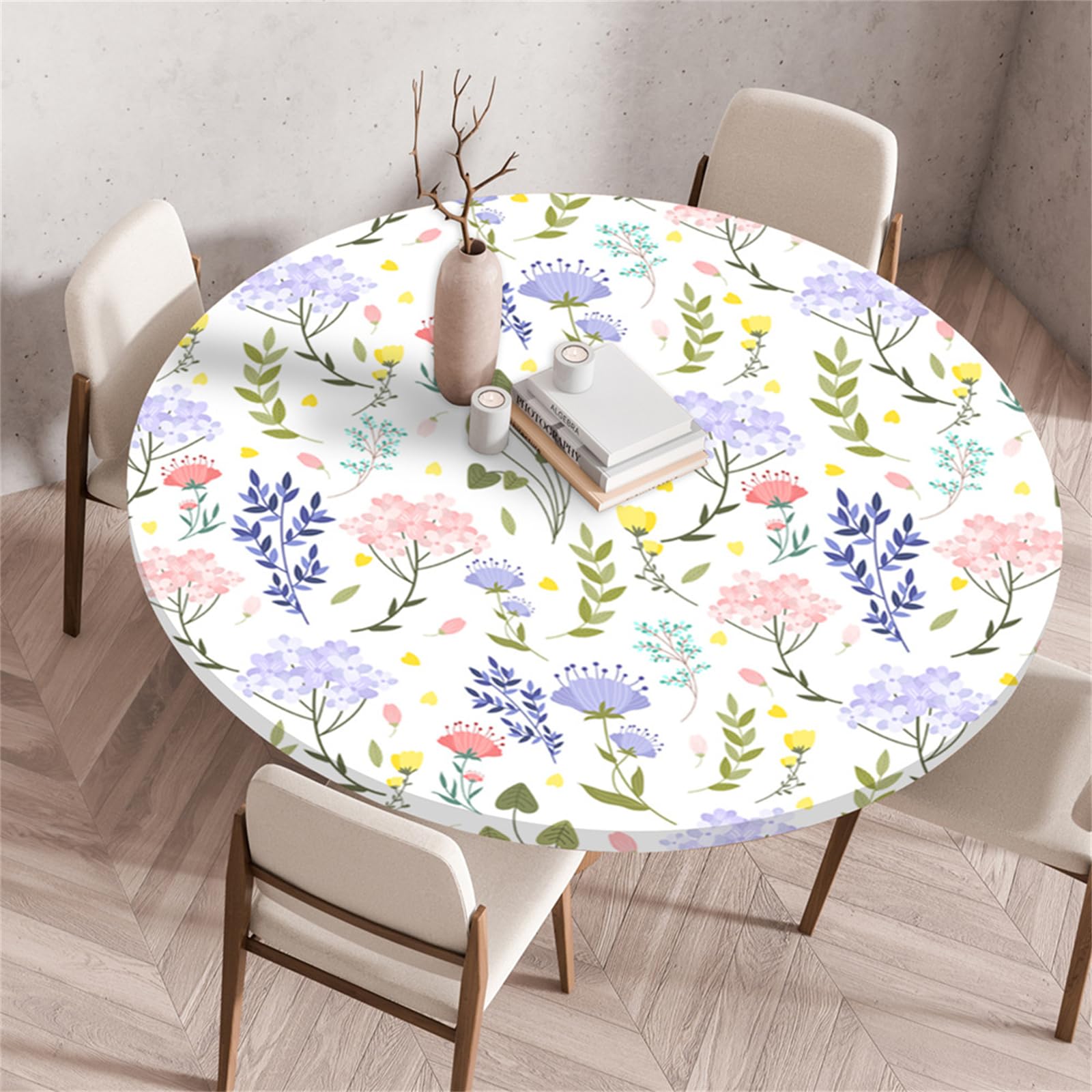 Muiuou Round Tablecloth, Waterproof Wipeable Table Cover Elastic Edge, Flower Printing Reusable Round Table Cover Cloth,Kitchen Fitted Restaurant Home Decoration (Diameter 80cm,Style 6)