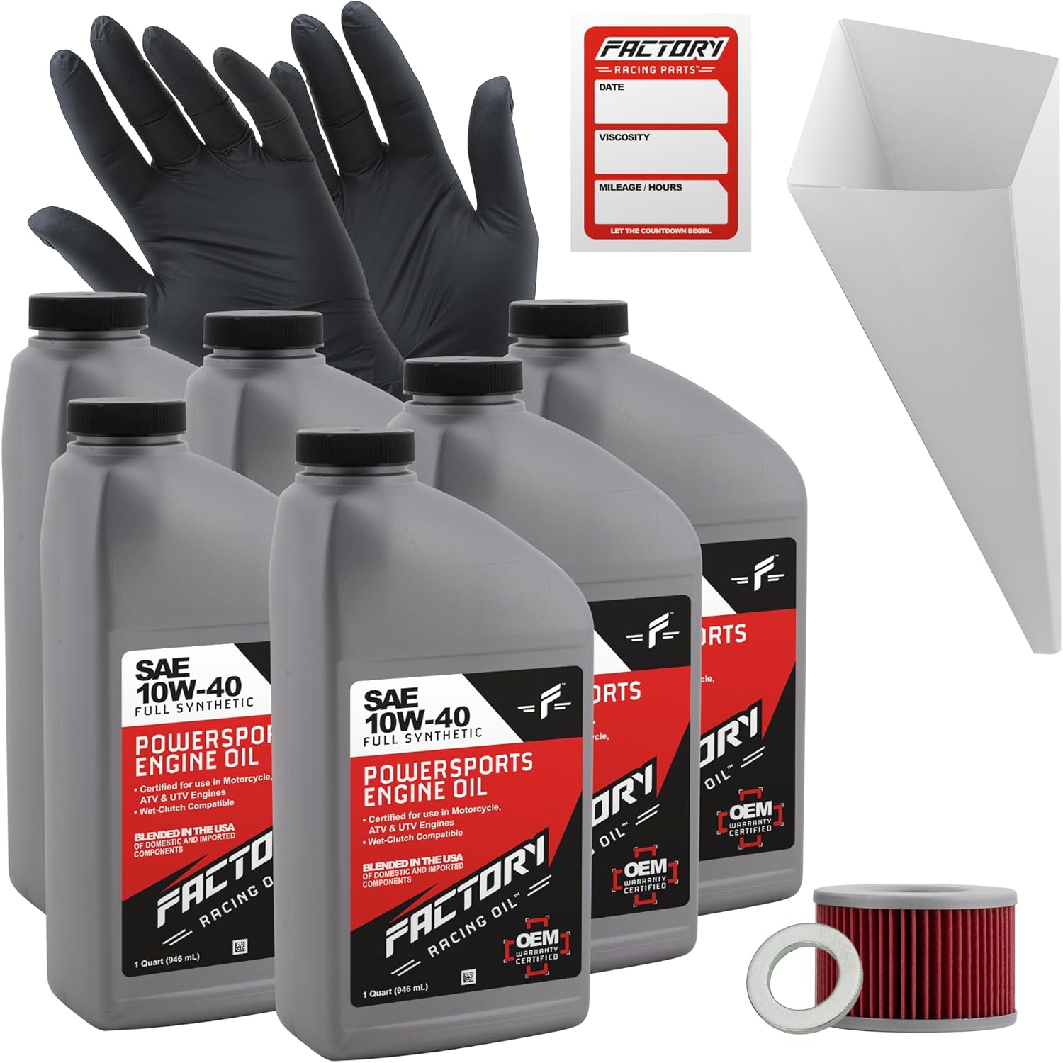 Factory Racing Parts Oil Change Kit compatible with Honda TRX500FA Fourtrax Foreman Rubicon – Includes 6 Quarts of 10W-40 Full Synthetic Oil, 1 Filter, 1 Crush Washer, 1 Funnel, 1 Oil Change Sticker