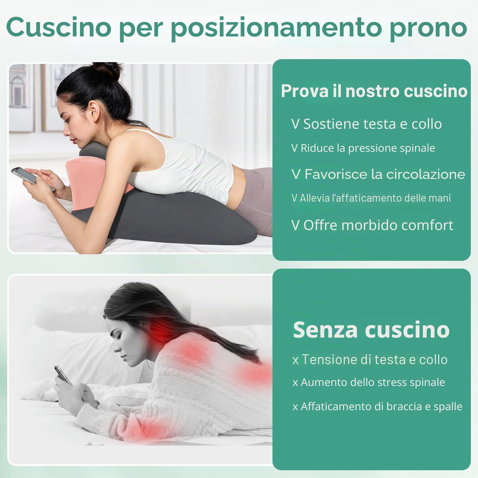 Cuscino a Cuneo in Memory Foam per Posizione Prona, Cuscino da Lettura per Testata del Letto, Cuscino da Letto per Sedersi, Sollievo dal Dolore alla Schiena, Collo e Gambe, Ideale per Coppie 58cmx38cm