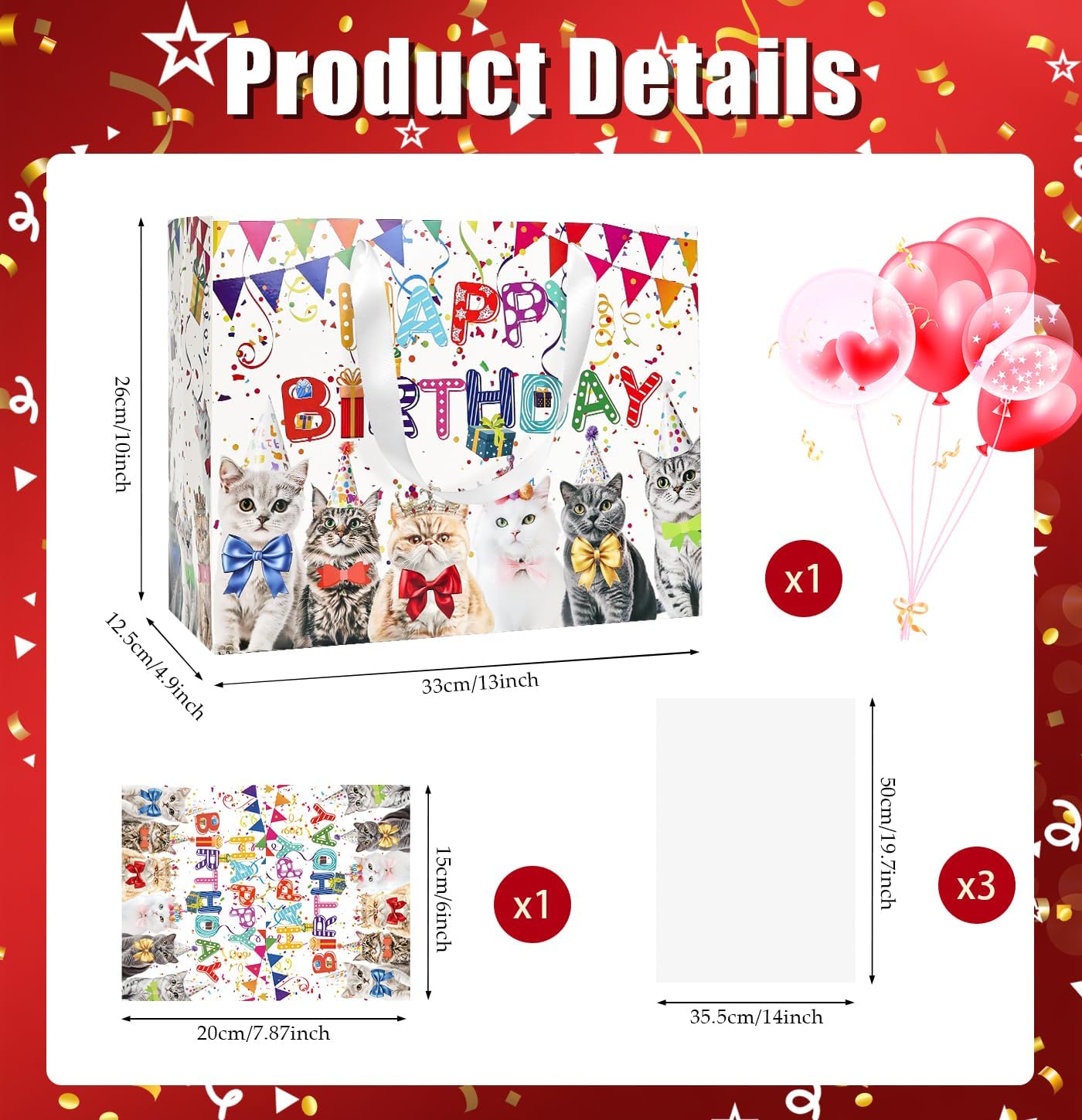MUNILAIL 13 Inch Cat Birthday Gift Bag with Handle, Tissue Paper & Greeting Card, Large Paper Gift Bag for Boys & Girls Birthday Party, Baby Shower, Cat Theme Parties image 2