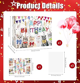 MUNILAIL 13 Inch Cat Birthday Gift Bag with Handle, Tissue Paper & Greeting Card, Large Paper Gift Bag for Boys & Girls Birthday Party, Baby Shower, Cat Theme Parties