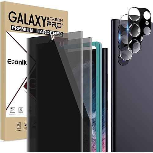 Esanik [2+2 Pack] Privacy Screen Protector for Samsung Galaxy S22 Ultra 6.8-inch [NOT for S22 Plus/S22] Anti Spy PET Film(NOT Glass) with Easy Installation Frame + Camera Lens Protector Fingerprint ID Compatible