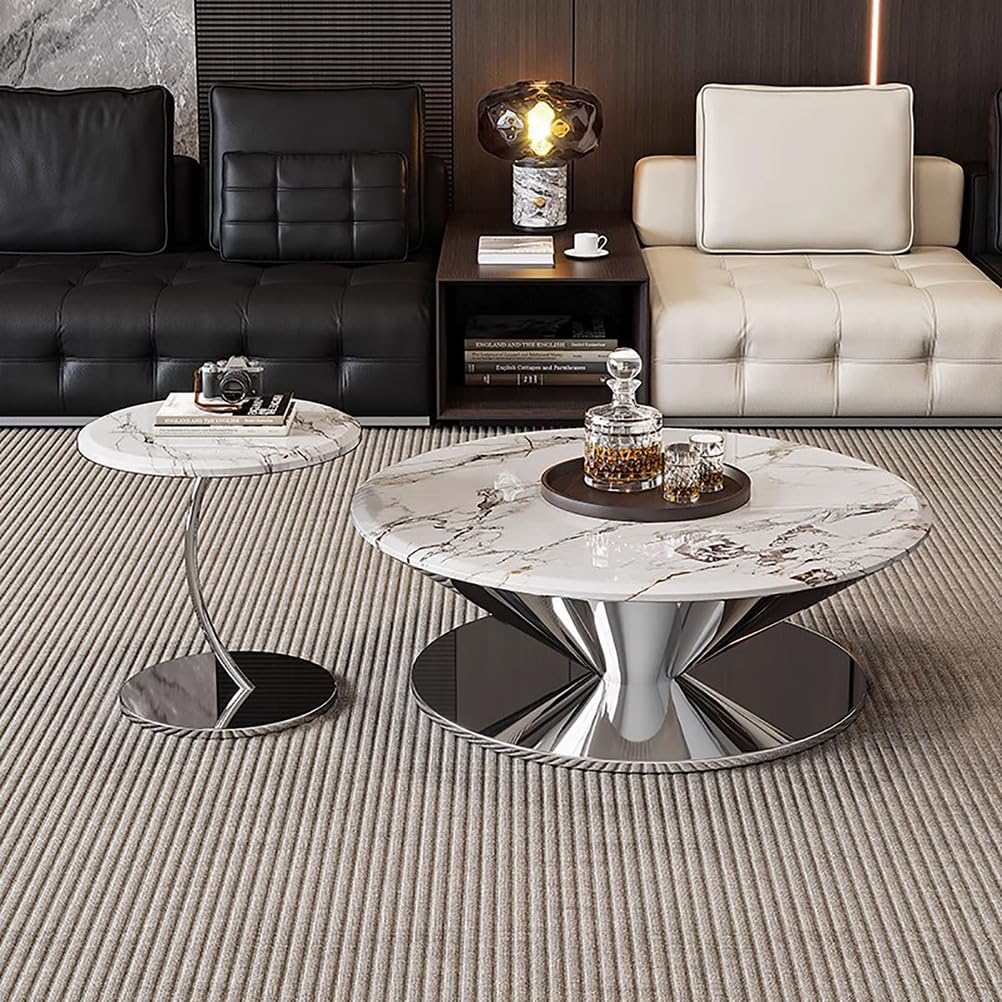 SXZenSpace Round Faux Marble Coffee Table,Modern Flying Saucer Center Table for Living Room with Stainless Steel Frame Table,B,70cm(27.6")+45cm(17.7")