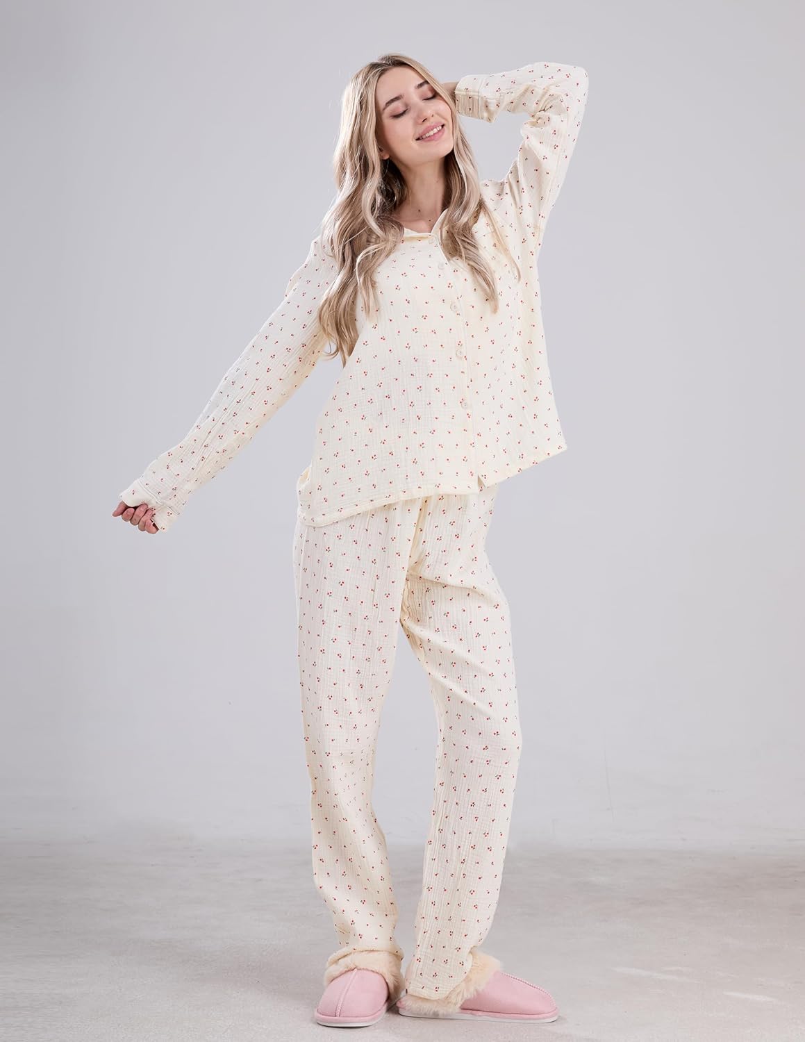Womens Cotton Gauze Pajama Set Long Sleeve Button Up Shirt and Pants 2 Piece Cute Printed Pj Set - Image 3