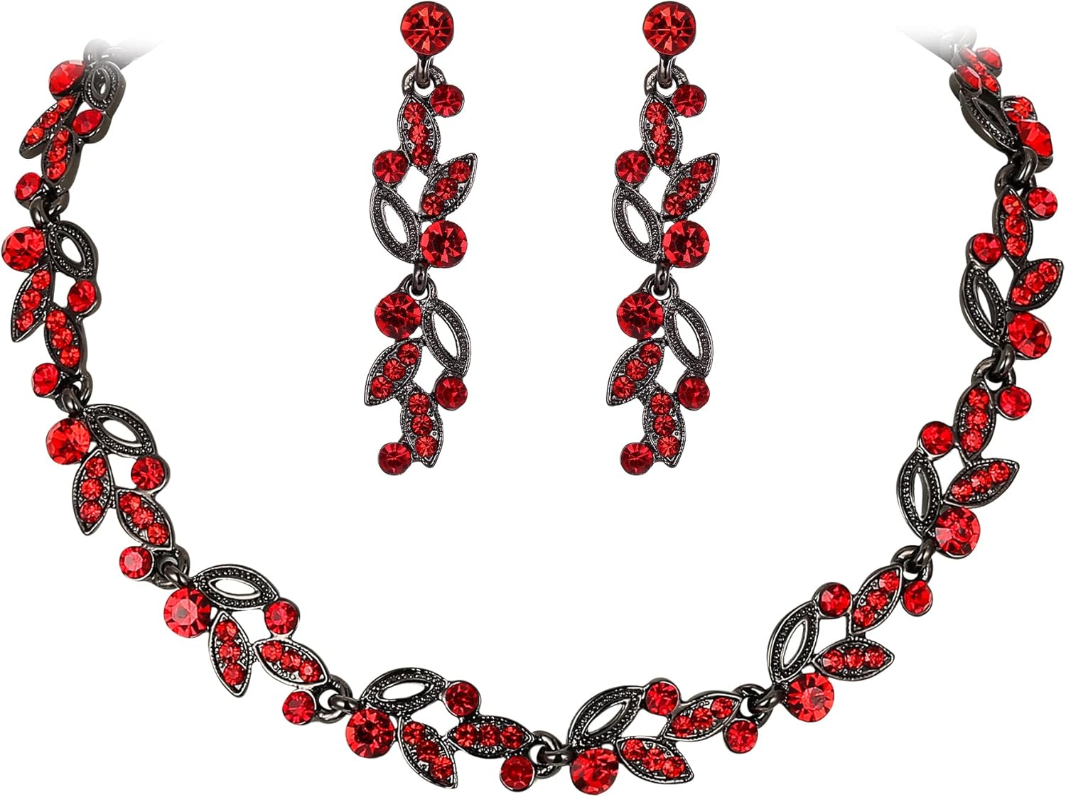 EVER FAITH Wedding Jewelry Set Art Deco Hollowed-Out Marquise Crystal Leaf Cluster Necklace Dangle Earrings Sets