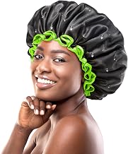 mikimini Black Shower Cap Women and Men, Large with Bright Green Edge | Shower Cap for Women Men Thick Long Braids Reusable Waterproof Double Layers XL