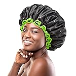 mikimini Extra Large Black Shower Caps Pack of 2 for Women and Men Thick Long Hair Braids, Reusable Waterproof Double Layers XL Bathing Hair Cap with Vibrant Green Edge (Black)
