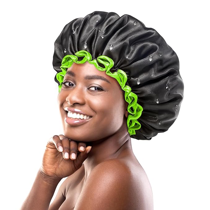 mikimini Extra Large Black Shower Cap for Women and Men