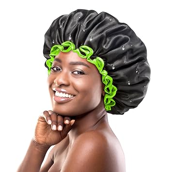 mikimini Extra Large Black Shower Cap for Women and Men Thick Long Hair Braids, Reusable Waterproof Double Layers XL Bathing Hair Caps with Vibrant Green Edge Black