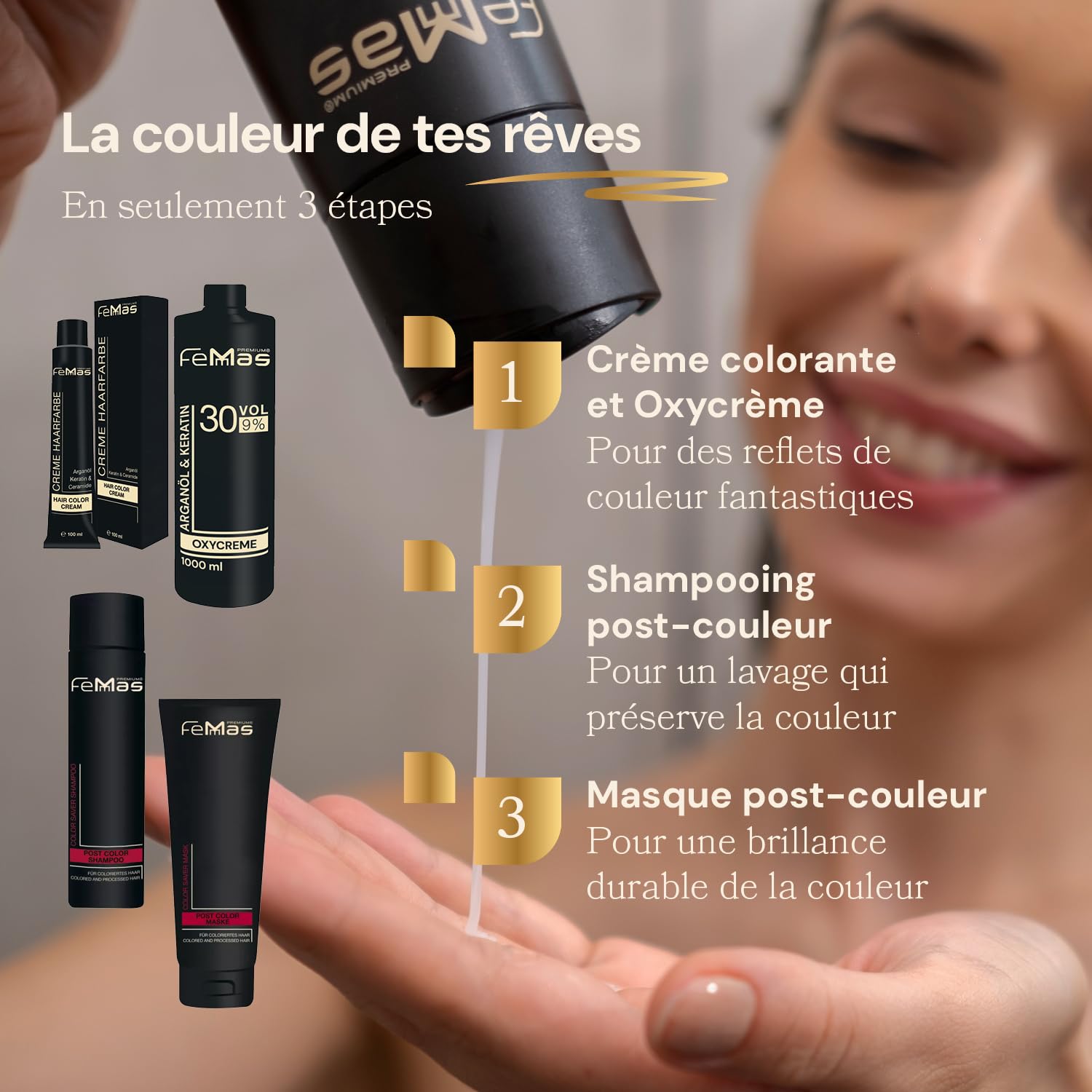 FemMas teinture pour cheveux Noir 1 3x I Crème colorante à l'huile d'argan, kératine et céramides I Coloration permanente ou teinture pour des résultats éclatants et durables I 100 ml