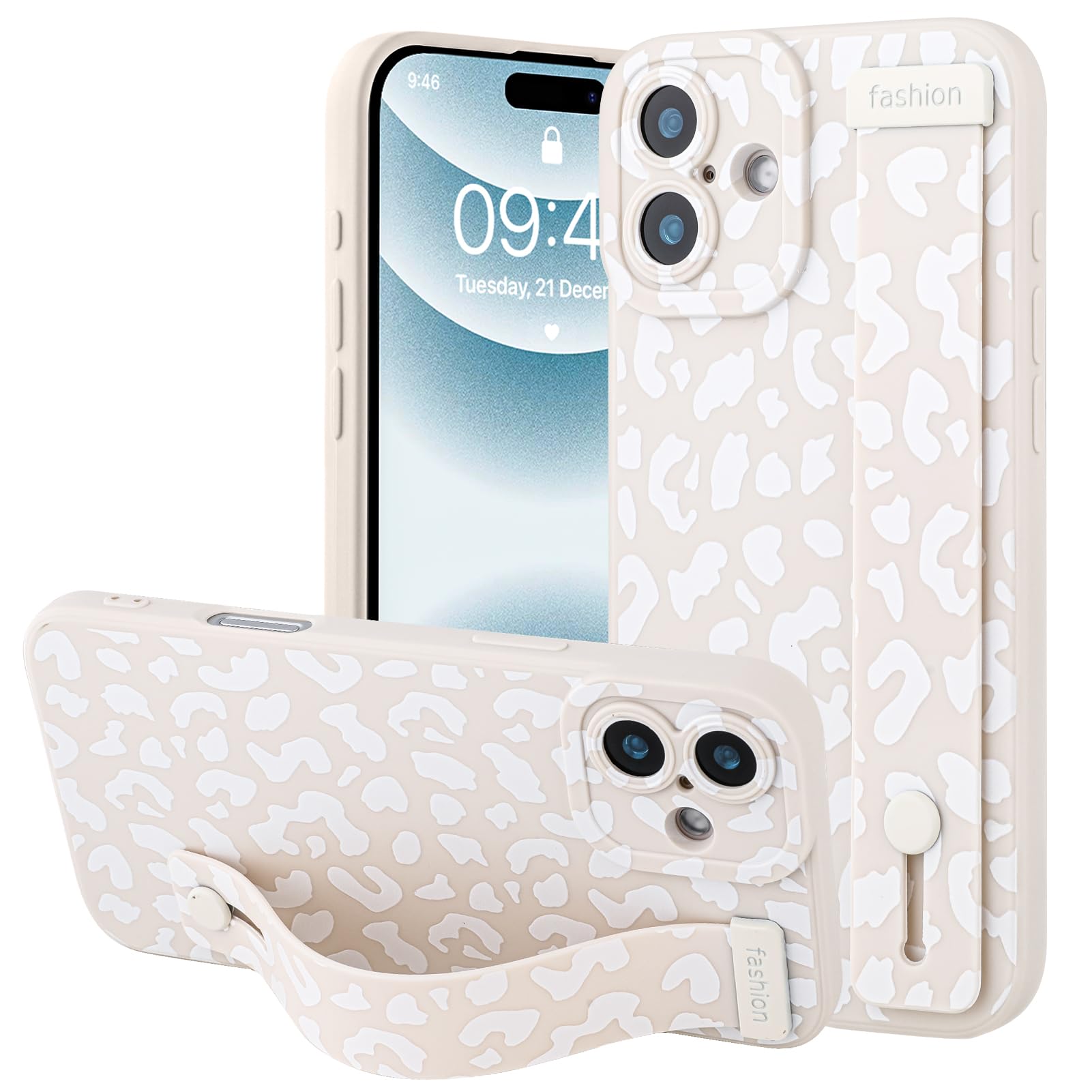 OOK Compatible with iPhone 16 Leopard Case with Wrist Strap, White Leopard Cheetah TPU Shockproof Protection Slim Cover with Camera Protection for