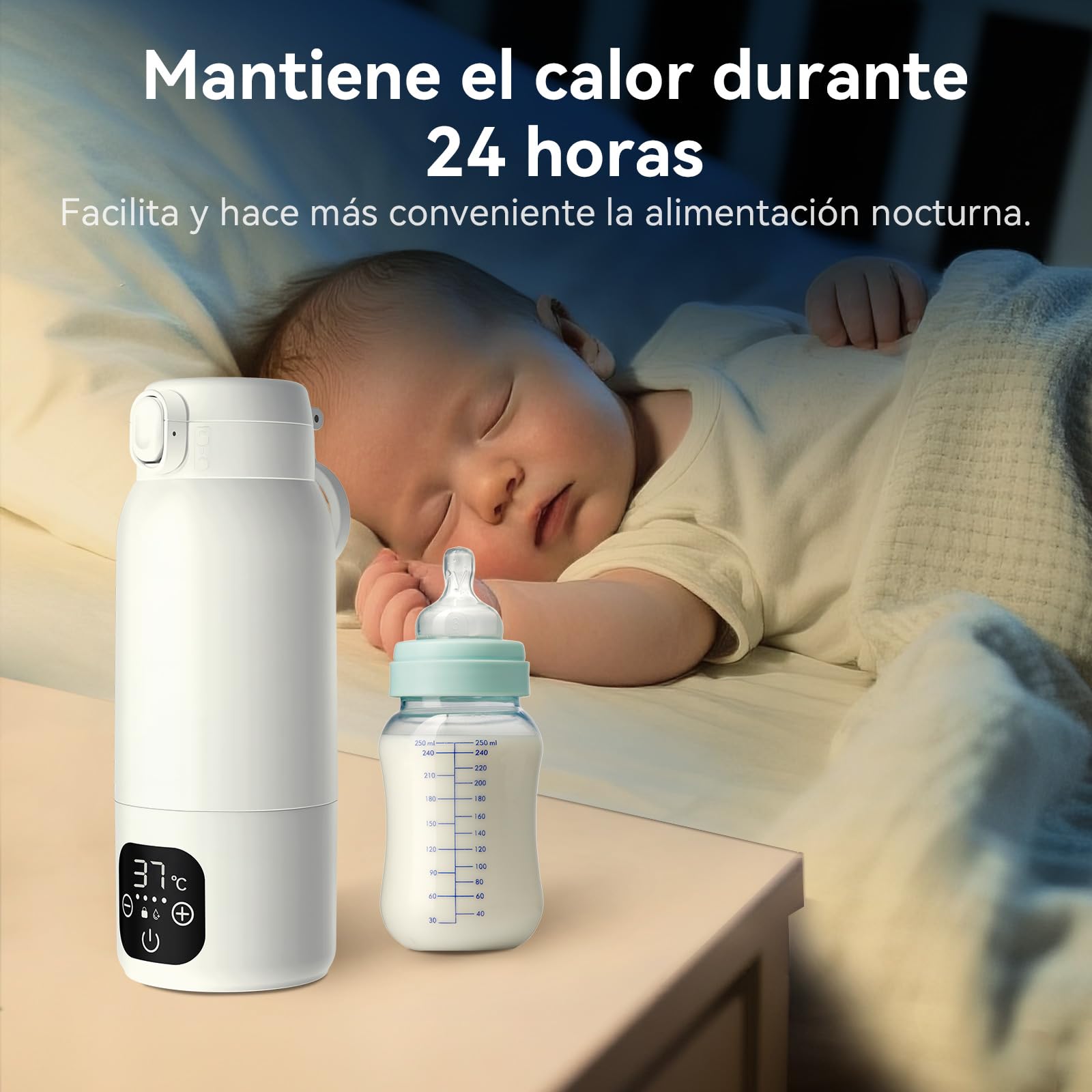 Calentador portátil de biberón para bebé – 500 ml de acero inoxidable 316L, calentamiento rápido 3 min y pasteurisación, 24 h de temperatura dual (± 1 ℃) para leche materna/pre-comida/agua