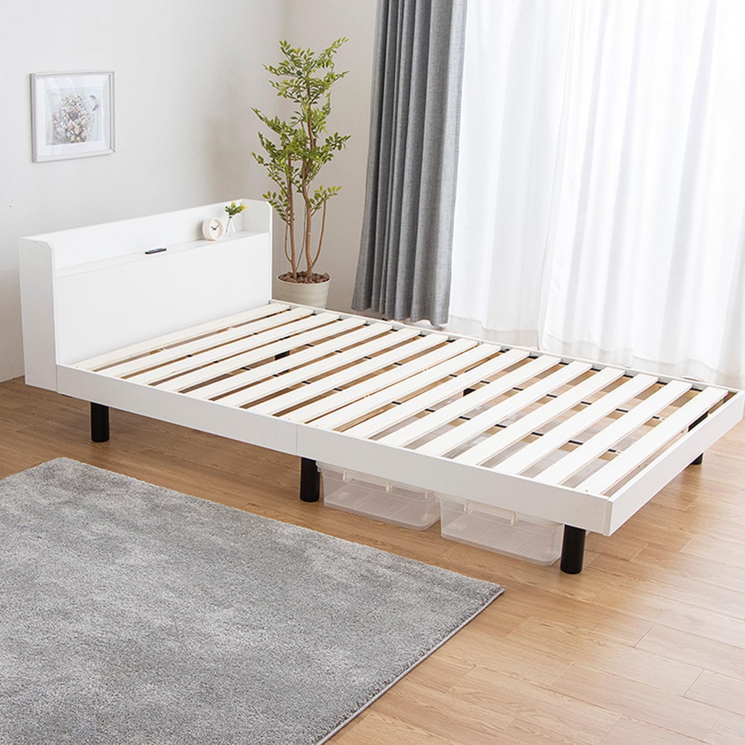 ベッドフレーム　ダブル　二口コンセント　すのこベッド　ホワイト Amazon｜三栄コーポレーション ベッド ダブル すのこベッド