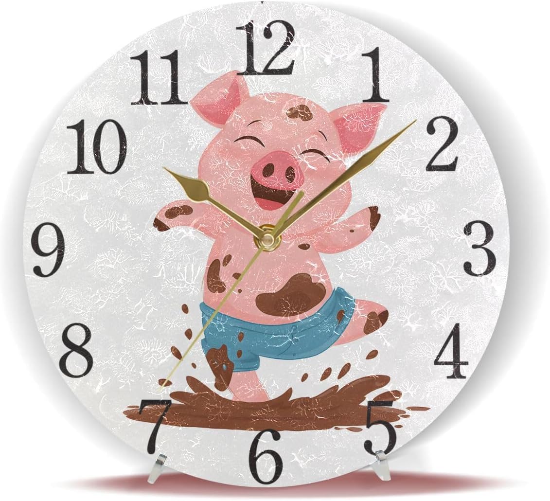 SUABO Piggy Wall Clock Arabic Numerals Design Pig Jumping A Dirty Pool Round Wall Clock for Living Room Bathroom Home Decorative