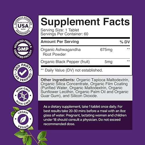 Miniatura 3 de Suplementos orgánicos de alta resistencia Ashwagandha - Tabletas orgánicas de Ashwagandha para apoyo del estado de ánimo y equilibrio hormonal para