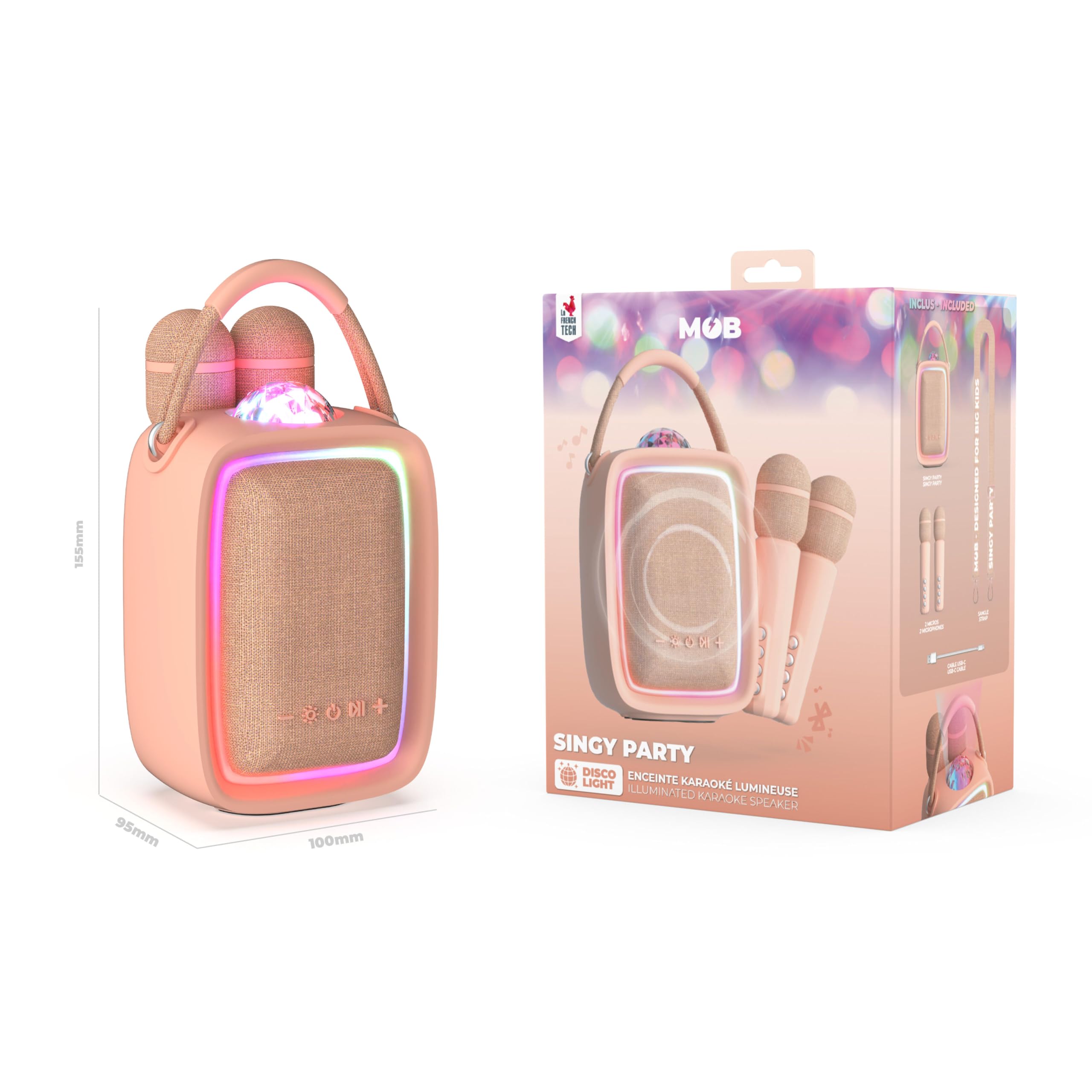 Singy Party Rose Altavoz Karaoke Bluetooth con 2 Micrófonos - Luz LED Multicolor - Portátil Recargable USB-C - Bluetooth, Tarjeta SD