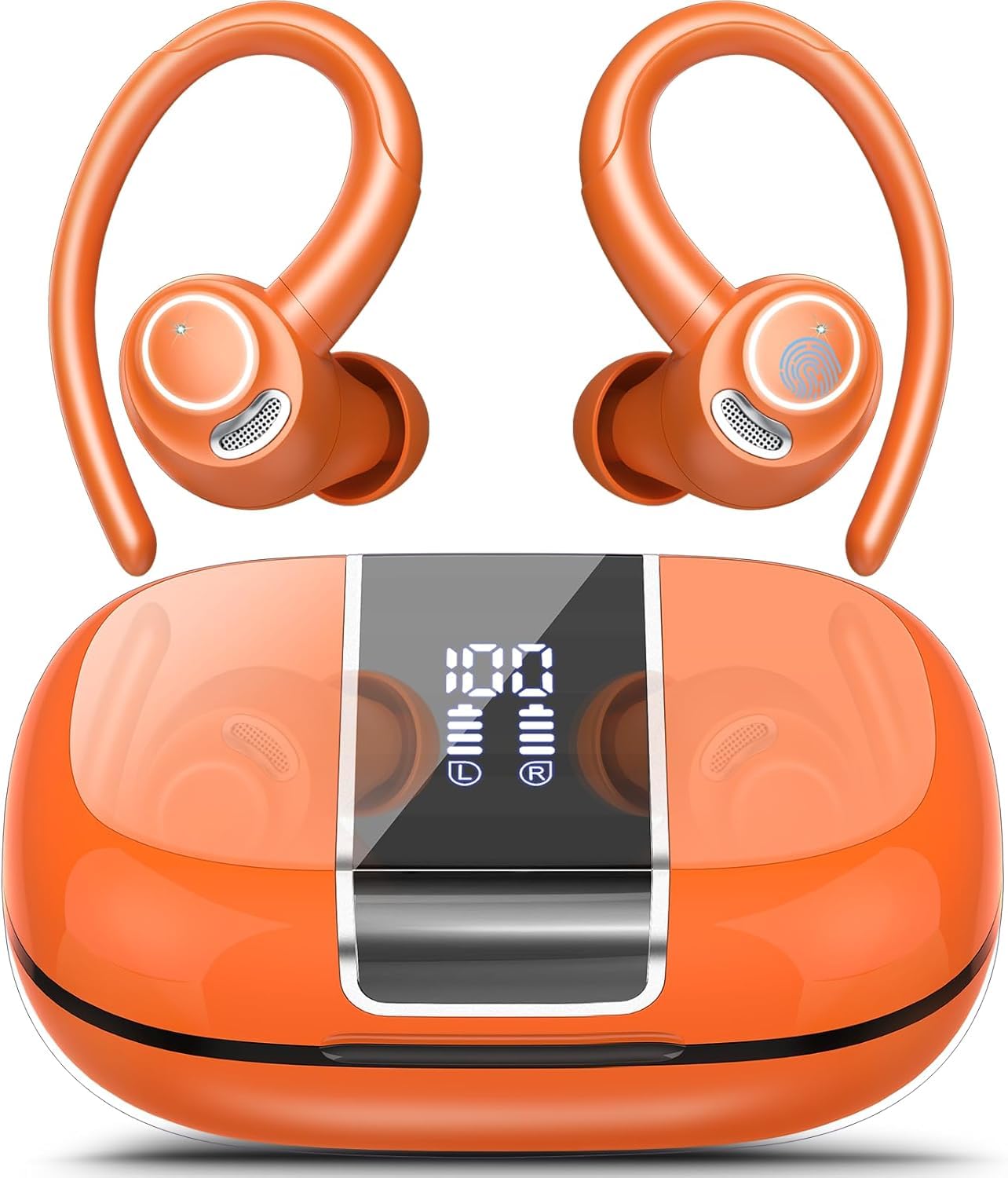 Csasan Auriculares inalámbricos Deportivos, Cascos Sonido Premium | 48H Bluetooth 5.3 Auriculares con HD Micrófono y Pantalla LED, Diseño de Gancho de Aire, iOS Android para Deportes, Naranja
