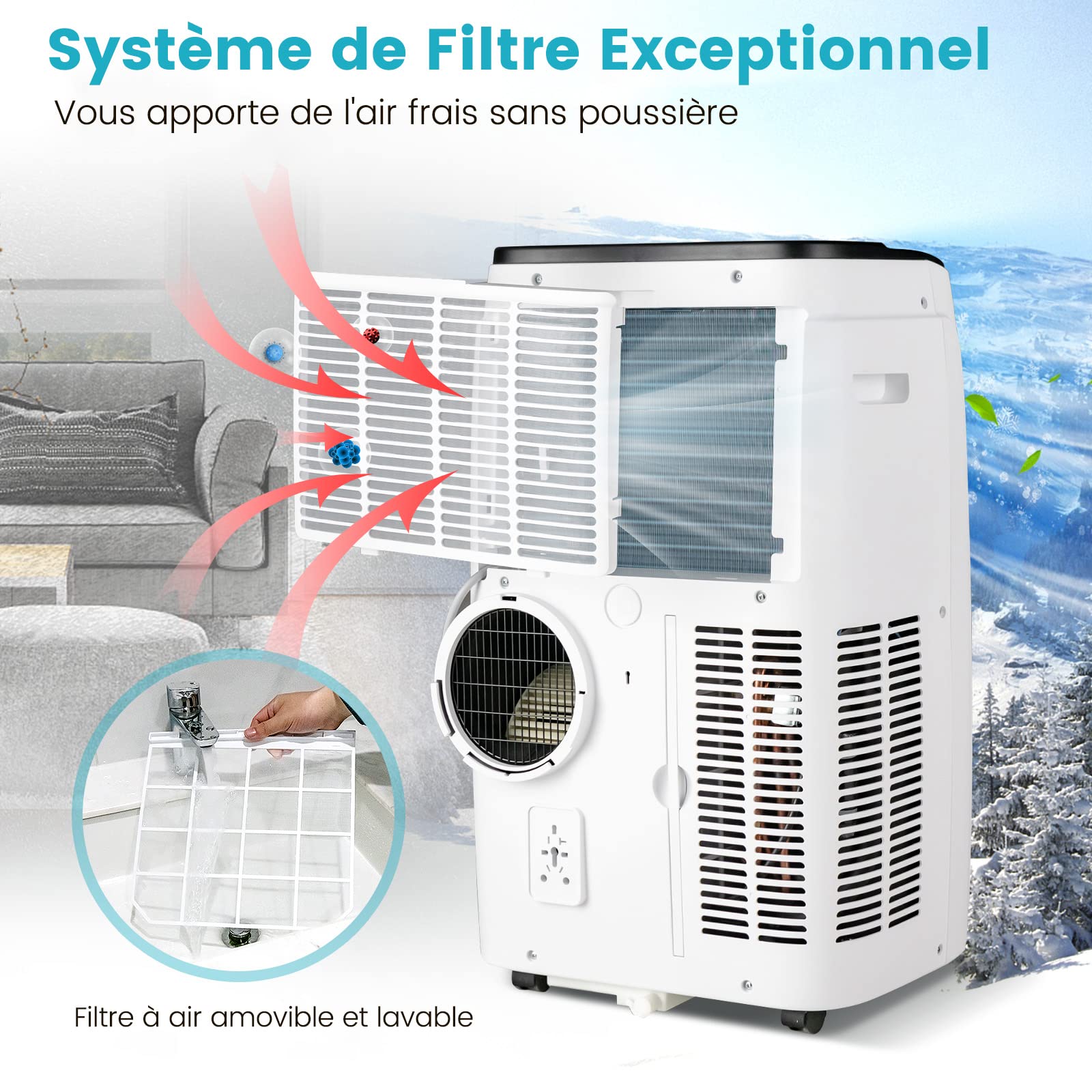 COSTWAY Climatiseur Mobile Silencieux 5 EN 1, Clim 12000BTU Refroidissement Rapide,Chauffage,Ventilateur,Déshumidificateur,Mode Nuit, Climatisation Faible Conso,Wifi