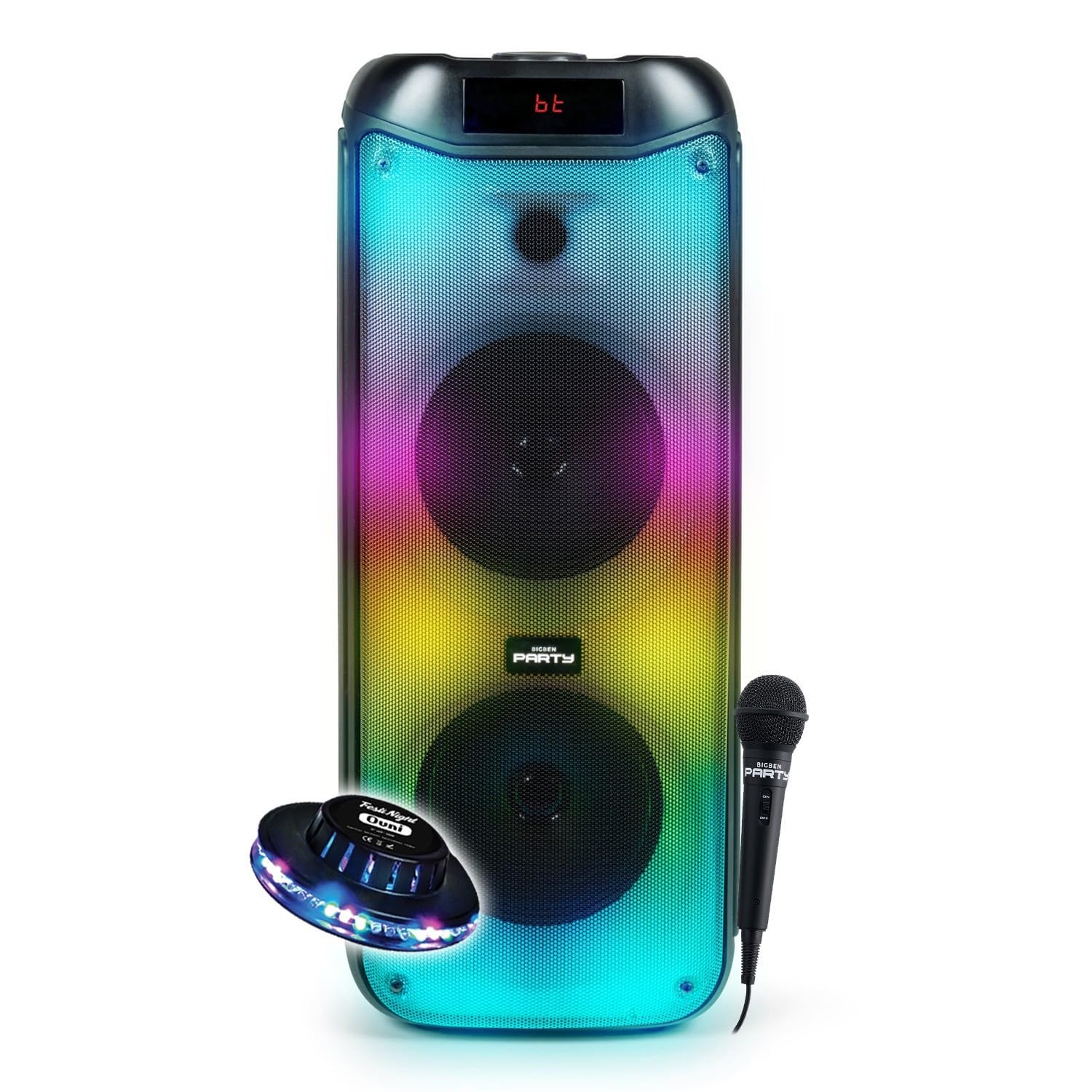 Enceinte Sono DJ Batterie BIG Ben PARTYBTHPL 200W Bluetooth/USB/AUX/Support Smartphone, Animation LED, Micro Karaoké, Ovni