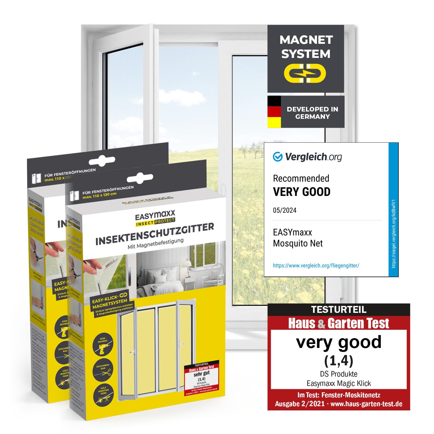 EASYmaxx Insect Protect Fly Screen Window with Magnetic Attachment, White, 110 x 130 cm | 2 Stück