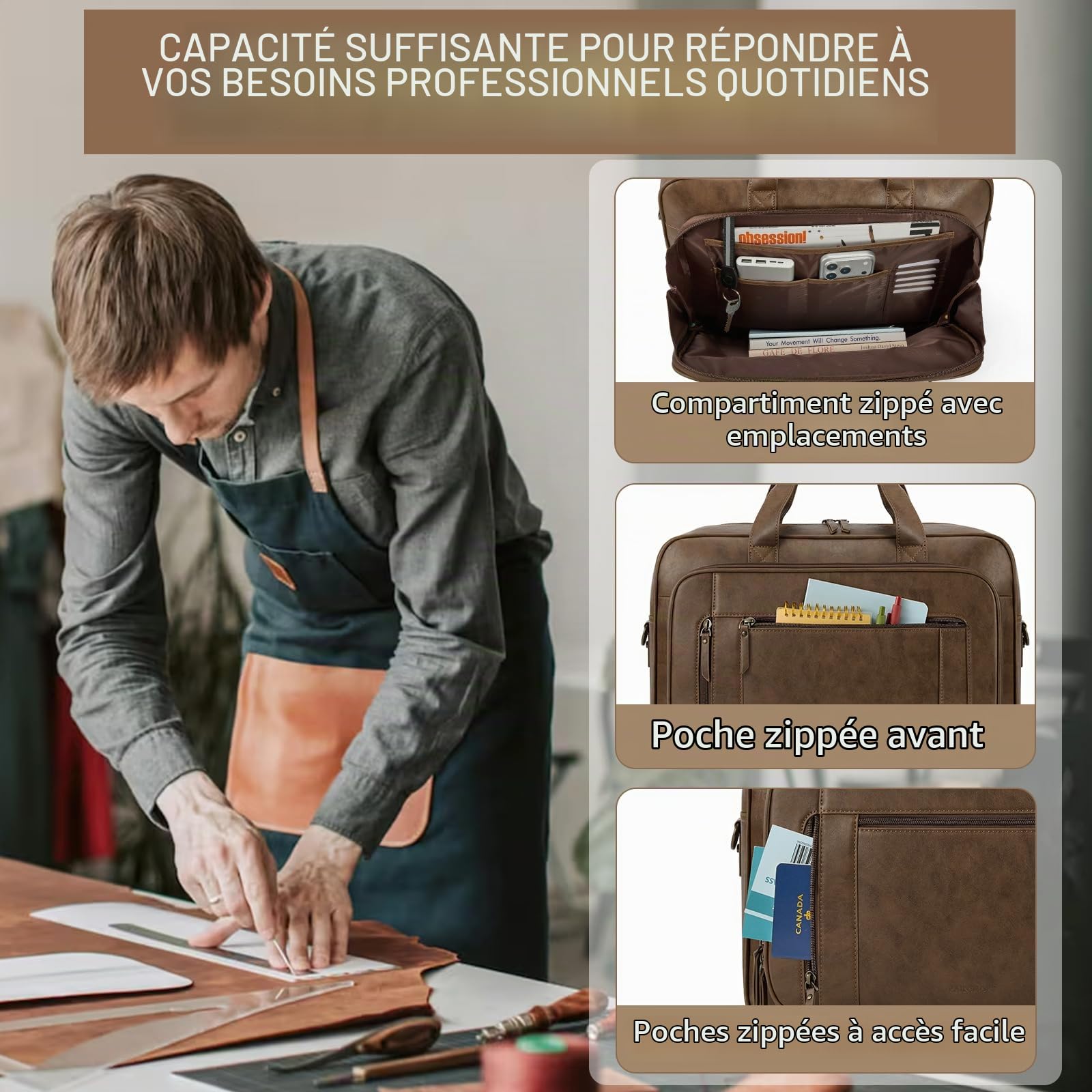 RAINSMORE Sacoche Ordinateur Homme 16 Pouces Cuir PU Mallette PC Tablette Cartable Imperméable Sac à Bandoulière pour Travail Affaires Collège